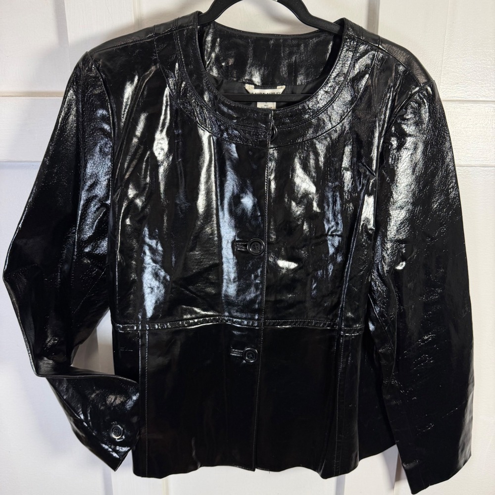 Laura Ashley Black Patent Leather Jacket Shiny Button Front Collarless L Vintage